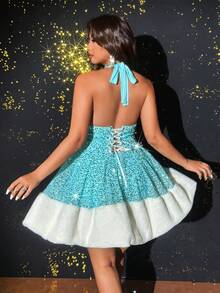 Viva Relle Sexy, elegantes, luxuriöses Partykleid mit Pailletten- und Plüsch-Patchwork, geeignet für Dates, Zusammenkünfte, Bälle, Weihnachtsfeiern, Große Größen - Blau - Übersicht 4