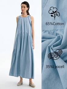 Aalyst 纯色圆领无袖休闲牛仔连衣裙，夏季 - 淺色水洗藍 - 查看 8