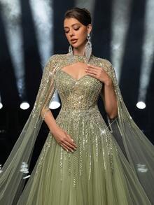 Glamrae 优雅奢华的草绿色串珠亮片花卉可拆卸泡泡袖露肩长裙，适合婚礼、派对、度假、庆典、正式活动（大量装饰） - 草綠色 - 查看 4