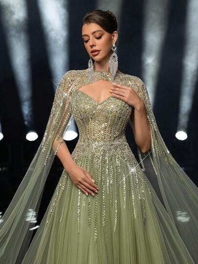 Glamrae Elegant Luxurious Grass Green Beaded & Sequin Floral Detachable Puff Sleeve Strapless Maxi Dress, Suitable For Weddings, Parties, Vacations, Galas, Formal Events (Heavily Embellished)