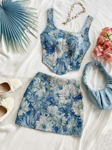 Soleia Winter And Summer Christmas  Vintage Blue Palace Style Floral Jacquard 2 Pieces Set: Bustier With Button Front And Tie Back, Mini Skirt, Spring/Summer Floral Two Piece Set Summer Two Piece Set Two Piece Set Floral Mini Skirt Set Printed Two Piece Set Summer Skirt And Top Set Beach 2 Piece Set Tropical Two Piece Set New Year Clothes  Party  For Women Beach  Elegant 2 Pieces Set For Women Formal - Multicolor - View 5