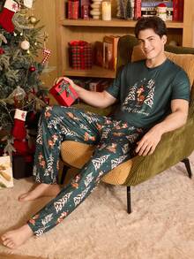 CoupledUp Christmas Theme Print Men Casual Short Sleeve Pajama Set - Green - View 5