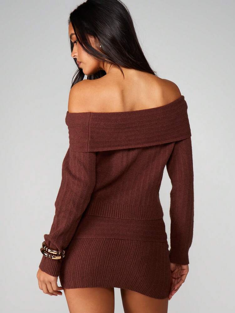 MISSGUIDED Off Shoulder Knitted Ribbed Bardot Sweater And Mini Skirt Co Ord Set Women Autumn Winter