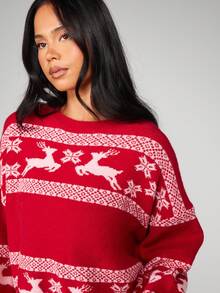 MISSGUIDED Oversized Christmas Jumper With Reindeer Snowflake Jacquard Knit Holiday Sweater Festive Winter Pullover Christmas - Red - View 4