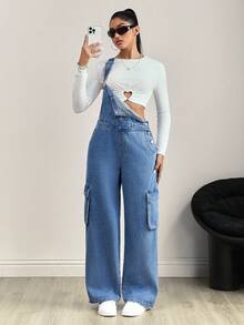 SHEIN Tall Women's Casual Versatile Denim Bib Pants And Jumpsuit - Medium Wash - View 5