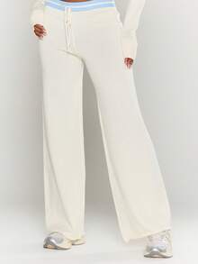MUSERA Low Rise Contrast Drawstring Waistband Wide Leg Lightweight Knit Trousers Only Spring Summer Vacation Elegant Beach Cute Airport The Beach House Airport Holiday Fall Back To School Autumn Winter Everyday    Chic Sweater - Cream - View 3