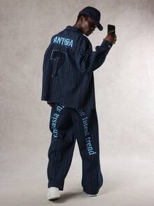 DAZY 男士条纹面料字母数字刺绣设计蓝色夹克套装，秋季 - 藍色 - 查看 1