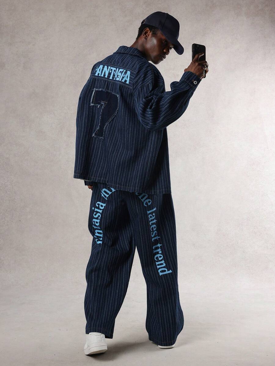DAZY 男士条纹面料字母数字刺绣设计蓝色夹克套装，秋季 - 藍色 - 查看 1