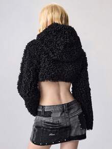 ROMWE Goth Chaqueta regular con capucha de manga larga y unicolor, de felpa, para otoño/invierno - Negro - Ver 3