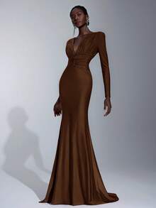 优雅、浪漫、性感、简约、梅红色、有弹性、深 V 领、长袖、鱼尾下摆、时尚、网红风格、适合节日、度假、生日派对、婚礼、伴娘礼服 - 棕色 - 查看 5