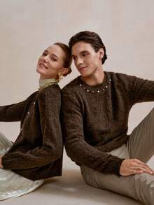 Manfinity Homme Men's Colorful Rhinestone Decor Crew Neck Long Sleeve Casual Sweater, Autumn/Winter Knit Men Earthy Clothes Men Brown Sweater Men Cashmere Men Men Fall Collection - Brown - View 2