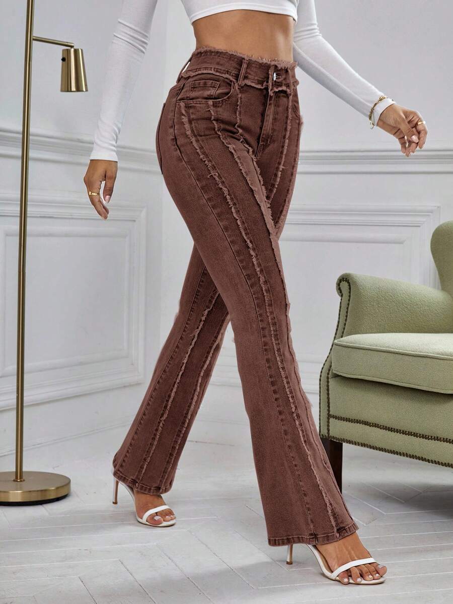 SHEIN Essnce Women's Solid Color Fringe Waist Belt Loop High Waist Casual Slim Flare Leg Jeans,Fall,Fall Clothes For Women - Coffee Brown - View 1