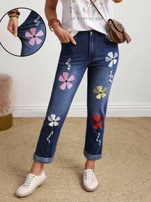 EMERY ROSE Jeans casuales de talla grande para mujer con bolsillos bordados con flores - Azul lavado oscuro - Ver 3