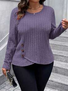 SHEIN LUNE Kaos Lengan Panjang Polos Bertekstur Kasual untuk Wanita Ukuran Besar - Purple - View 1