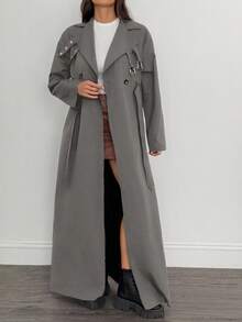 SHEIN Tall Impermeabile lungo e monocolore a doppio petto con maniche lunghe, adatto per l'autunno/inverno - Grigio - Visualizzare 3