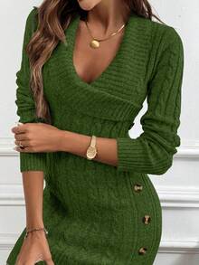 SHEIN Unity Collared Knit Long Sleeve Comfortable Sweater Dress - Army Green - View 4