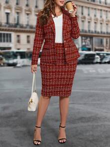 SHEIN Clasi Ensemble tailleur jupe élégant ajusté à carreaux noirs et blancs. Tailleur-jupe pour femmes, ensemble veste et jupe pour le bureau. Tenues décontractées chic pour femmes en deux pièces, convient pour l'automne/l'hiver - Rouge foncé - Voir 1