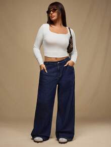 SHEIN Forever 21 大码女式口袋阔腿宽松休闲水洗深蓝色牛仔裤 - 藏蓝色 - 查看 2