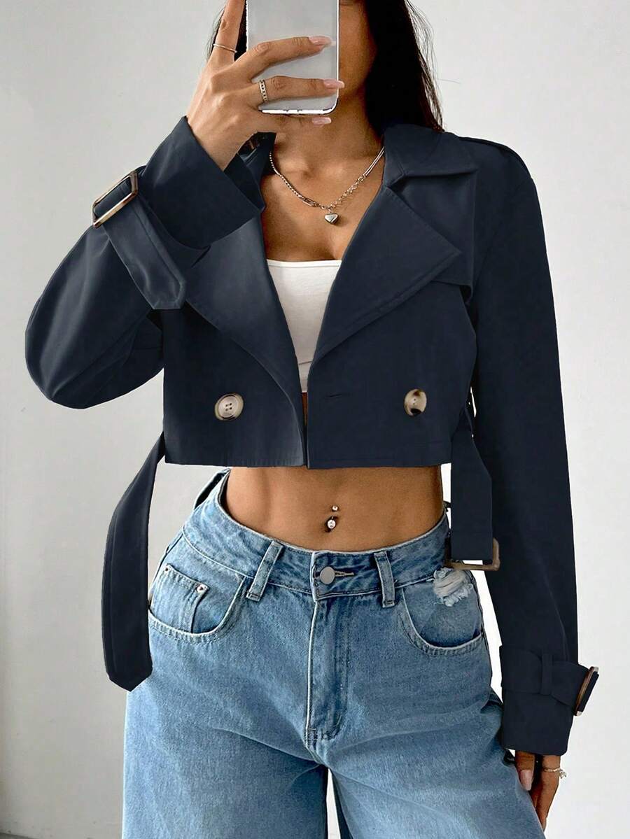 SHEIN EZwear 女式海军蓝色缺口翻领纽扣前长袖短款风衣(秋冬款) - 寶藍色 - 查看 1