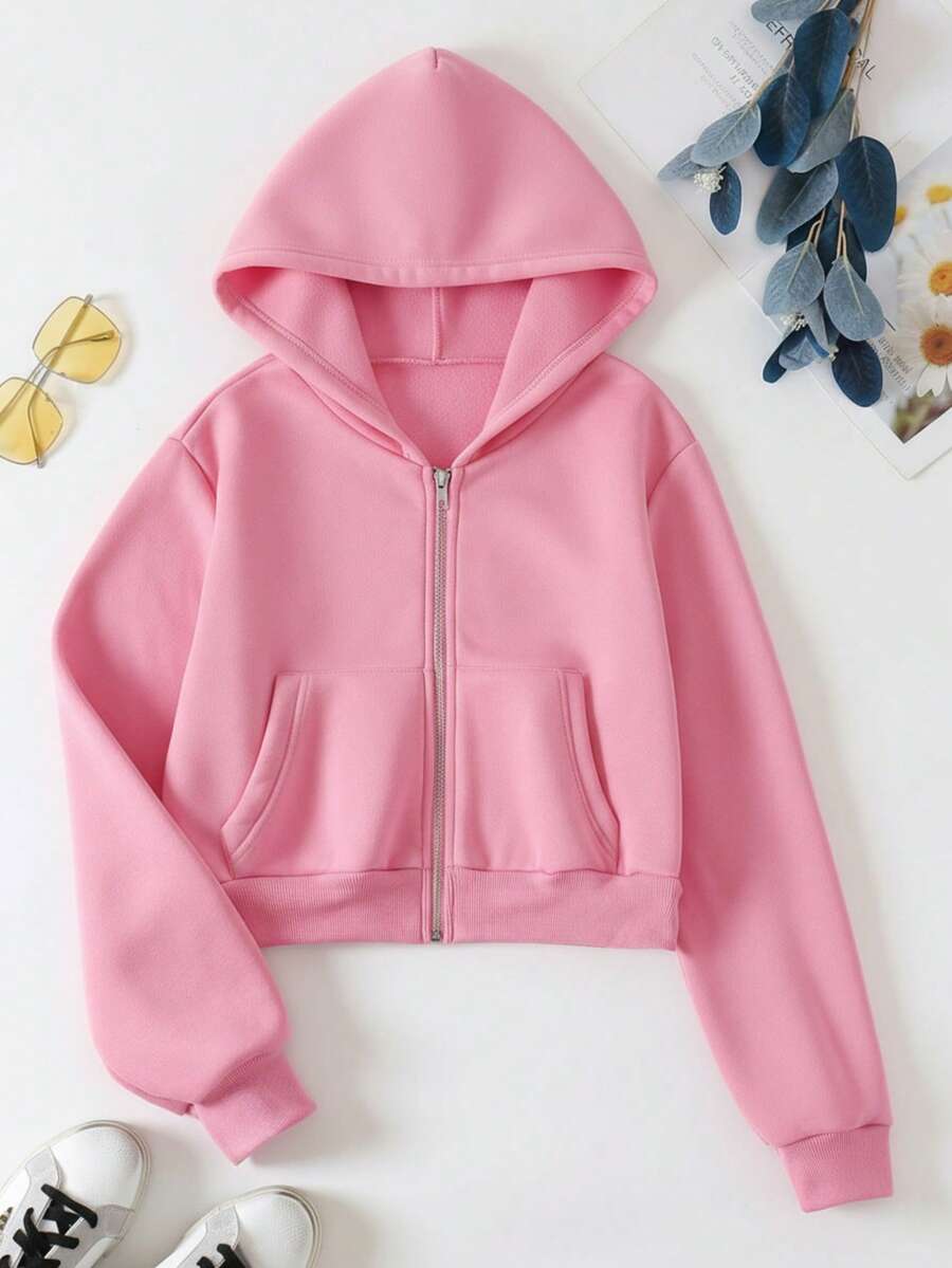 Sudadera mujer estilo casual color sólido cierre holgada con capucha manga larga primavera otoño diaria - Rosa - Ver 1
