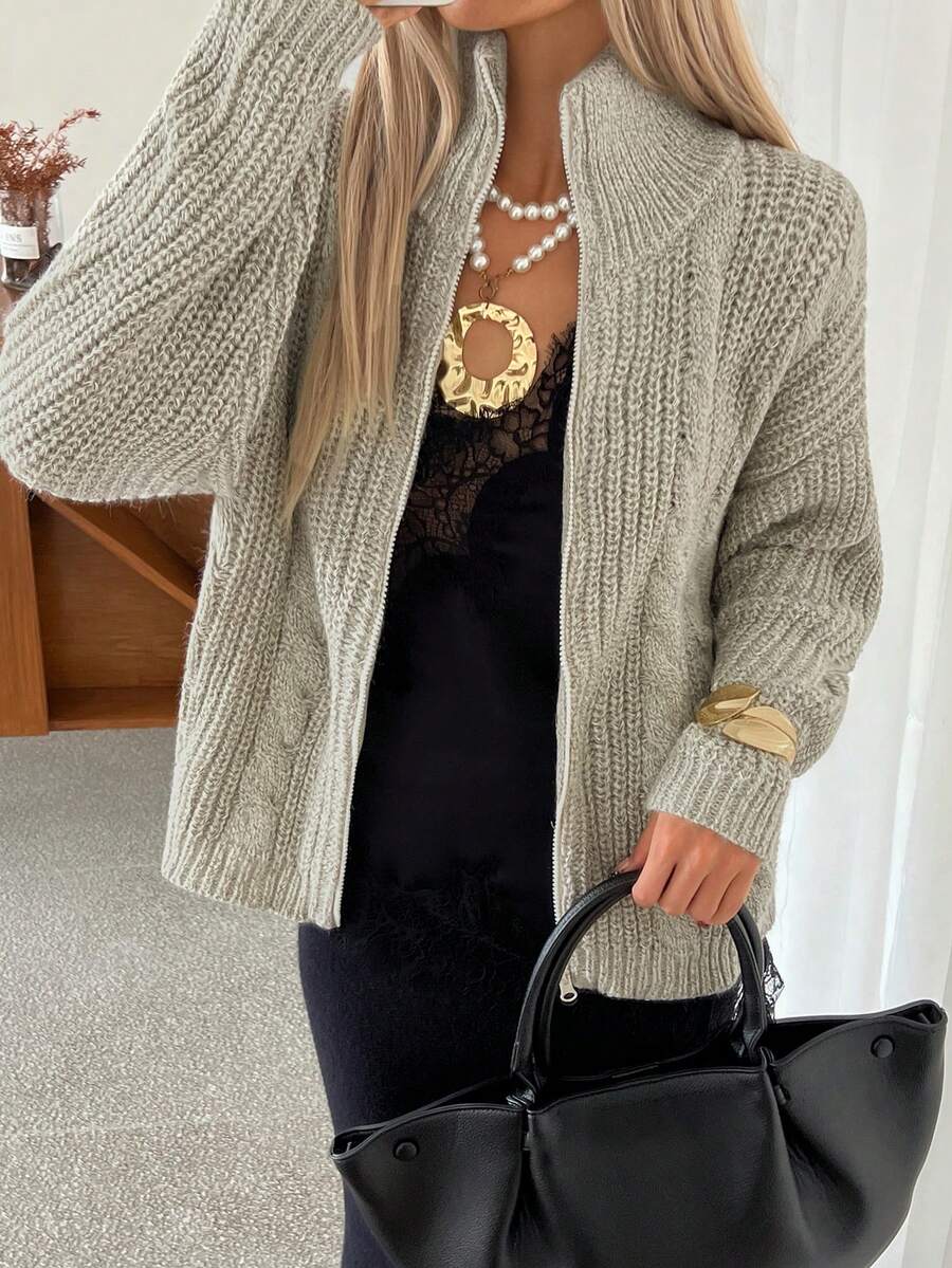 Livesso Áo khoác cardigan dệt kim cổ tròn dáng rộng thoải mái cho nữ, màu trơn đơn giản, phù hợp mặc công sở, mùa thu/đông - Rượu sâm banh - Xem 1