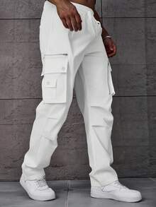 Manfinity LEGND Plus Size Men's Solid Color Straight Casual Cargo Pants, Versatile, Fall - White - View 5
