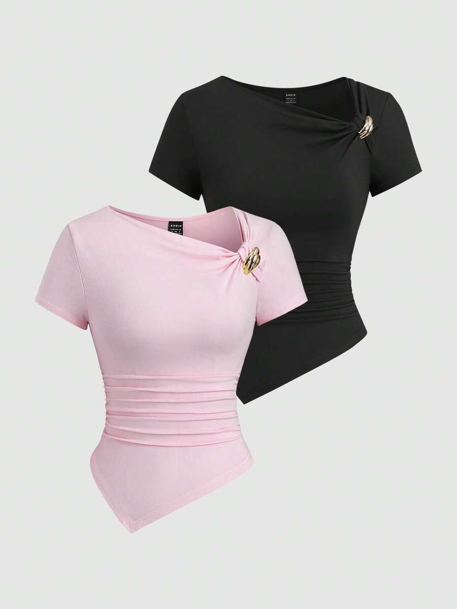 Sweetra Áo thun dài cài nút bất đối xứng gợi cảm Y2K - Nhiều màu - Xem 1