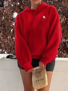 SHEIN Leap Crew Tween Girl Horse Embroidery Hooded Sweatshirt In Fall/Winter - Red - View 4