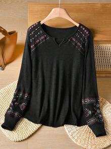 Rusticease 女式刺绣V领长袖休闲宽松T恤 - 彩色 - 查看 4