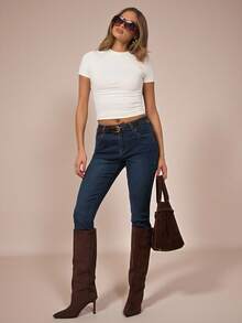 SHEIN BAE 女士休闲通勤简约纯色高腰紧身牛仔裤，不含腰带