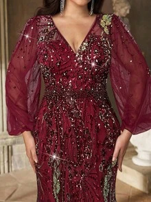 Aureia Đầm cỡ lớn sang trọng, thanh lịch, lãng mạn, cổ chữ V đính sequin và hạt cườm, tay phồng, dáng đuôi cá ôm sát, thích hợp cho tiệc tối, hẹn hò, dạ hội, đám cưới, lễ tốt nghiệp, kỳ nghỉ, ngày Valentine. - Màu Đỏ Sâu - Xem 1