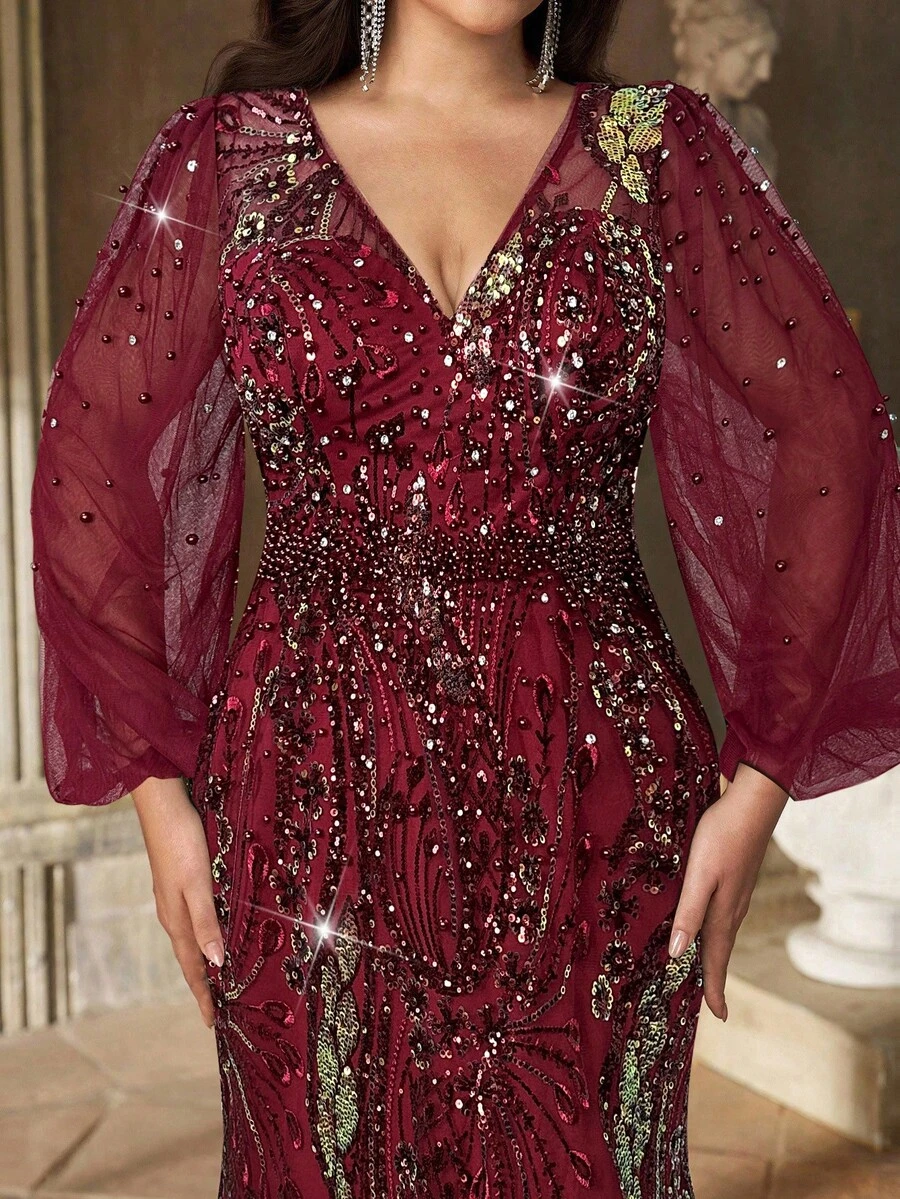 Aureia Đầm cỡ lớn sang trọng, thanh lịch, lãng mạn, cổ chữ V đính sequin và hạt cườm, tay phồng, dáng đuôi cá ôm sát, thích hợp cho tiệc tối, hẹn hò, dạ hội, đám cưới, lễ tốt nghiệp, kỳ nghỉ, ngày Valentine. - Màu Đỏ Sâu - Xem 1