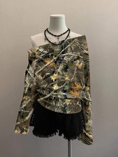 Attitoon 女士 Y2K 街头风露肩长袖 T 恤，迷彩枯叶图案，街头风，复古，哥特式十字架设计，返校季，复古，秋季女装