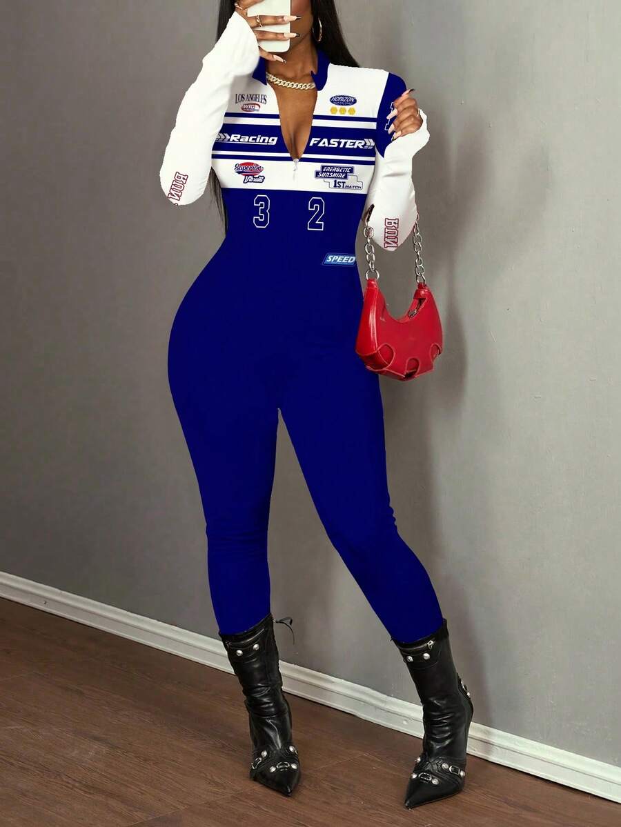 Slaydiva 女士秋季服装/Y2K 服装/街头服饰/外出服装/F1 赛车图案/摩托车队图案/拉链领长袖连体裤 - 彩色 - 查看 1