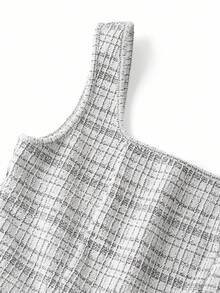 Ellevyn 女士珍珠纽扣针织开衫长袖外套和格子方领收腰修身 A 字连衣裙两件套，适合秋冬季日常、通勤、外出穿着 - 黑與白 - 查看 8