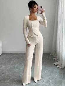 Elenzga Bộ 2 món thời trang nữ màu trơn họa tiết, gồm áo khoác blazer dài tay cổ khoét hai hàng khuy và quần ống đứng dáng rộng cạp cao, phong cách đi làm thanh lịch, thích hợp cho các buổi hẹn hò, đi làm, mùa thu/đông - Màu be - Xem 3