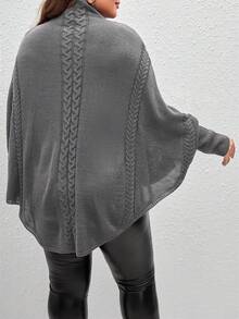 SHEIN LUNE 大码高领纯色斗篷式长袖毛衣 - 深灰色 - 查看 2