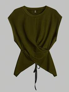 SHEIN Clasi Áo crop top không tay dệt trơn màu buộc eo cho nữ, áo hai dây thanh lịch mùa hè - xanh quân đội - Xem 1