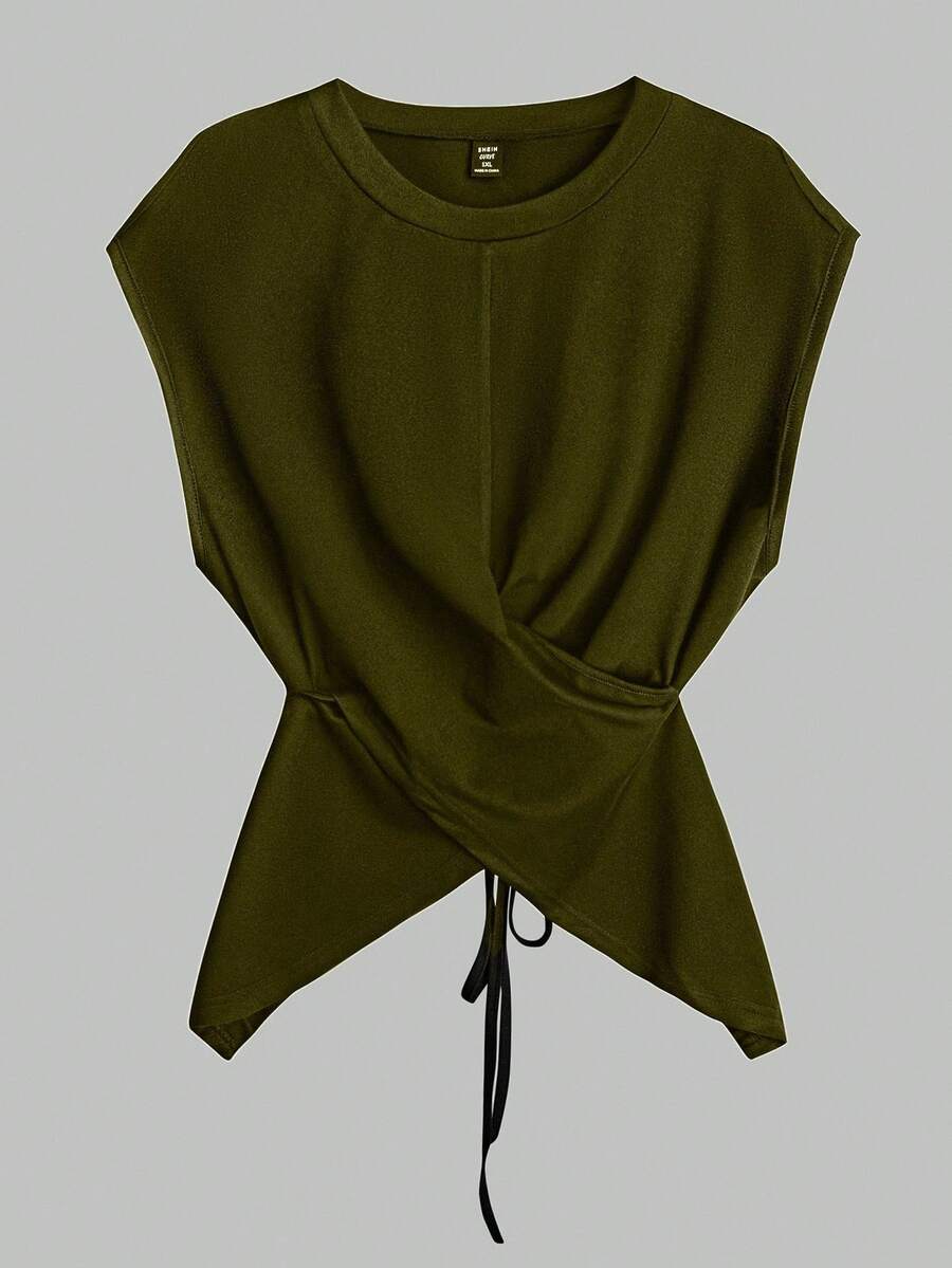 SHEIN Clasi Áo crop top không tay dệt trơn màu buộc eo cho nữ, áo hai dây thanh lịch mùa hè - xanh quân đội - Xem 1