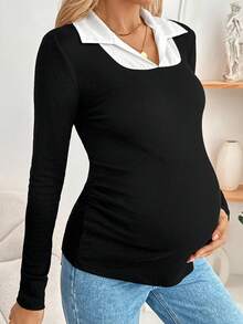 SHEIN Maternity Casual 2 In 1 Long Sleeve Top Nursing Top Pregnancy Clothing Pregnancy Shirts Pregnancy Breastfeeding Shirt Maternity Shirt - Black and White - View 3