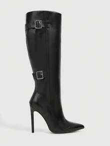 Daringsoles Botas altas de tacón alto de moda con diseño de hebilla y punta puntiaguda para mujer - Verde Oscuro - Ver 2