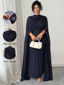 SHEIN Tall CURVE Đầm ôm body xẻ tà tay loe trong suốt viền bèo nhún thanh lịch cỡ lớn, màu đỏ dự tiệc cocktail, phù hợp cho mùa thu - Màu xanh hải quân - Xem 1