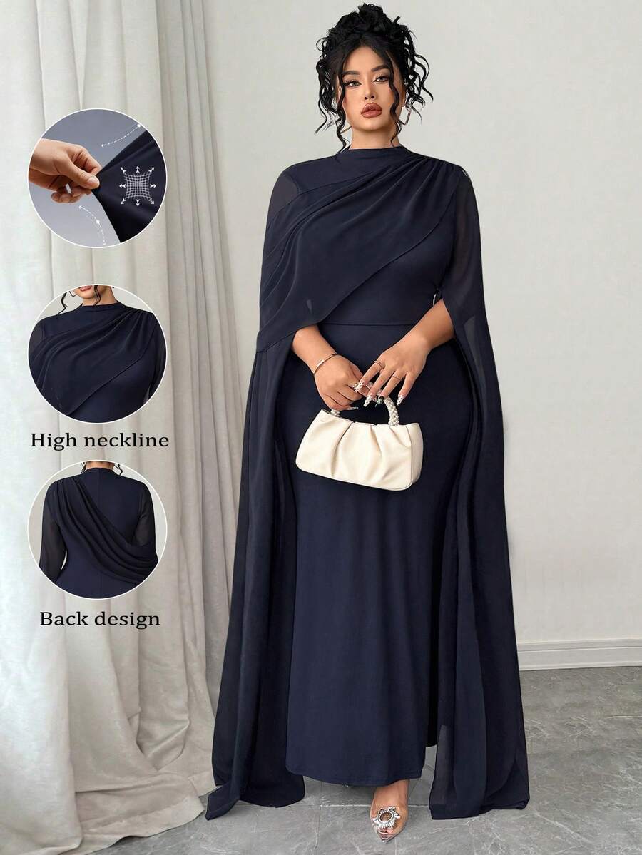 SHEIN Tall CURVE Đầm ôm body xẻ tà tay loe trong suốt viền bèo nhún thanh lịch cỡ lớn, màu đỏ dự tiệc cocktail, phù hợp cho mùa thu - Màu xanh hải quân - Xem 1