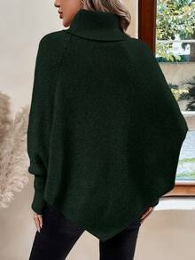 LanaWest 女士休闲纯色高领蝙蝠袖宽松时尚针织毛衣 - 墨綠色 - 查看 2