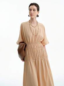 Aalyst Elegant Linen Blend Loose Round Neck Mid-Sleeve Cinched Waist A-Line Dress For Women, Flattering - Yellow - View 4