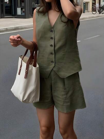 INAWLY Solva 女士纯色简约时尚休闲日常背心和短裤套装