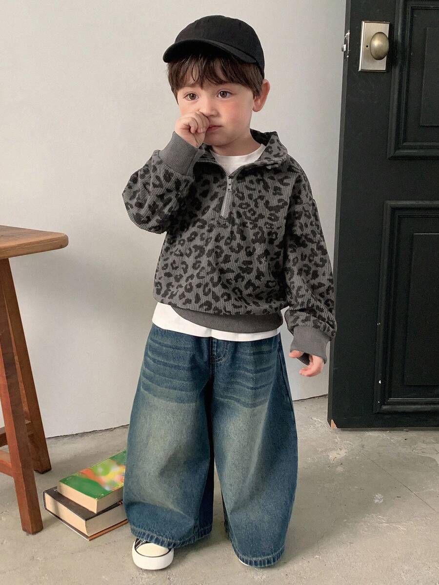 DAZY 幼儿男童韩版豹纹翻领宽松长袖上衣 - 灰色 - 查看 1