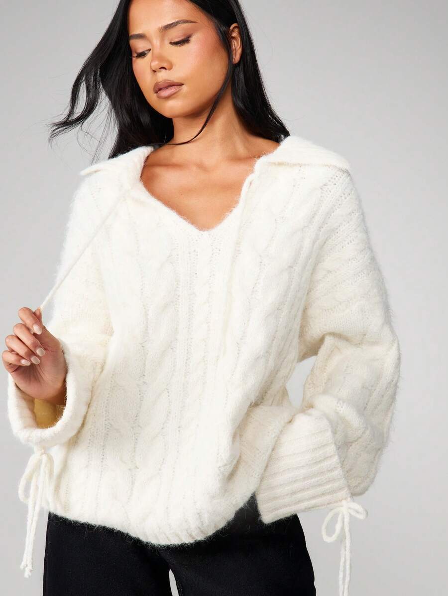 MISSGUIDED Oversized Zopfstrick Kapuzenpullover mit Kordelzug Langarm Pullover für gemütlichen Winterkomfort - Aprikosenfarben - Übersicht 1