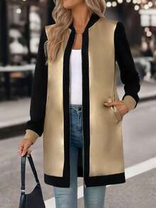 EMERY ROSE 女士立领长袖拉链时尚风衣夹克 - 金色 - 查看 5