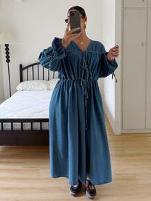 SHEIN CURVE+ Plus Size Women's All Seasons Long-Sleeved Tie-Waist Denim Dress,Christmas Dress,Elegant Dresses For Women,New Year Clothes,Christmas Clothes,Resort Vintage Dress - Medium Wash - View 5